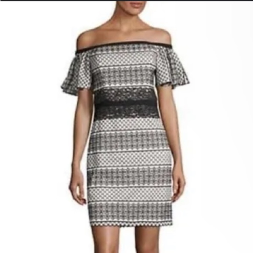 NWT HALSTON black white eyelet lace accent off shoulder dress